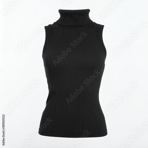 Sleeveless black turtleneck top presented against an isolated white backdrop