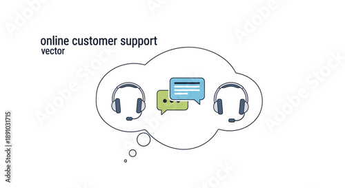 Concept of modern online customer support, featuring vector illustration with headsets and chat bubbles for digital helpdesk communication and assistance