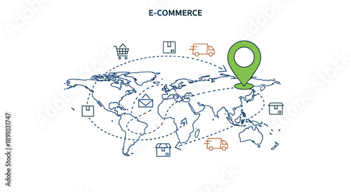 Global E-commerce Logistics and Shipping Routes Illustrated on World Map with Delivery Icons