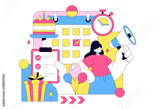 Event Planner Vector Illustration Featuring Party Decorations, Scheduling, Time Management, Business Agenda, And Calendar In Flat Style Background