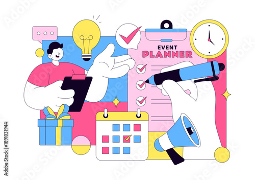 Event Planner Vector Illustration Featuring Party Decorations, Scheduling, Time Management, Business Agenda, And Calendar In Flat Style Background