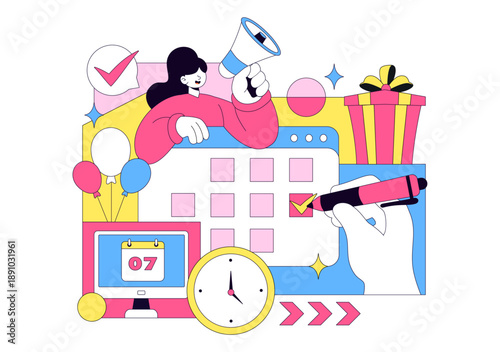 Event Planner Vector Illustration Featuring Party Decorations, Scheduling, Time Management, Business Agenda, And Calendar In Flat Style Background