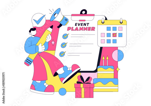 Event Planner Vector Illustration Featuring Party Decorations, Scheduling, Time Management, Business Agenda, And Calendar In Flat Style Background