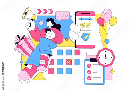 Event Planner Vector Illustration Featuring Party Decorations, Scheduling, Time Management, Business Agenda, And Calendar In Flat Style Background