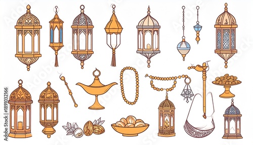 Collection of Ramadan Lanterns and Islamic Elements Illustration.