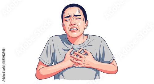 Man experiencing heart pain holds chest in distress indoors