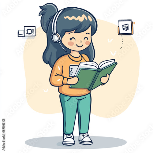 Smiling cartoon girl with headphones reading a book