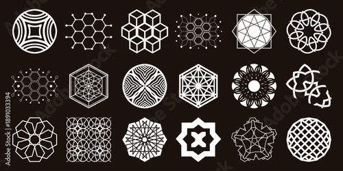 Collection of white geometric ornamental patterns and abstract shapes black