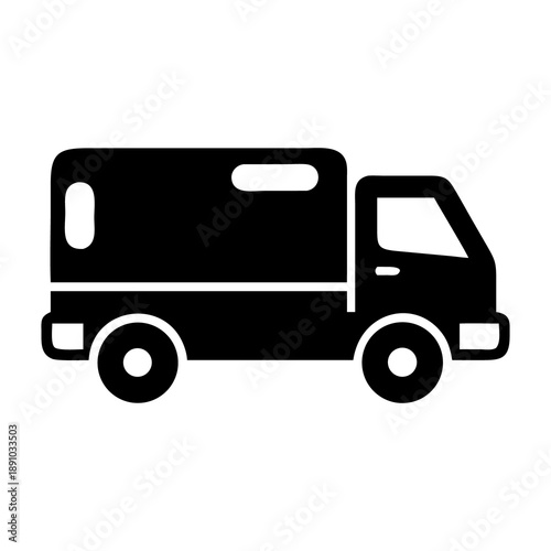 Black delivery truck silhouette vector icon representing logistics transportation commercial shipping and global freight.