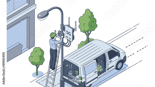 Man installing smart city technology on streetlight with white van parked nearby urban setting
