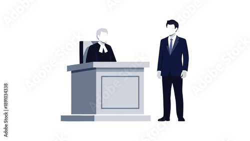 Judge and defendant standing in courtroom with simple gray podium and professional attire in minimalist illustration