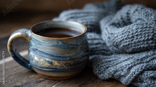 Wallpaper Mural Beautiful handmade ceramic mug filled with hot coffee next to a gray knitted scarf. Warm drink concept for cozy autumn and winter. Torontodigital.ca