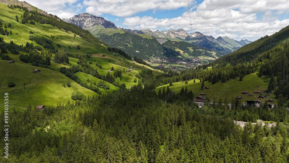 Obraz premium Drone view, aerial of hiking path into beautiful valley, pine tree forest in foreground. Adelboden village in background. Swiss mountains, beautiful alpine nature, landscape. Tranquility, pure pine tr