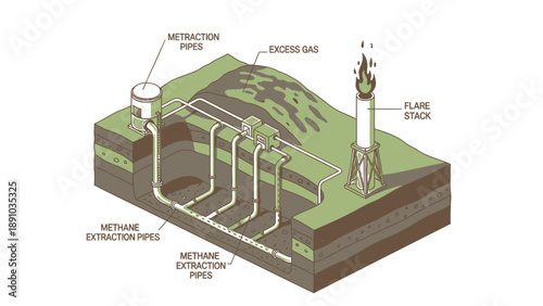 Detailed cross section illustration of methane extraction process with labeled infrastructure and flare stack