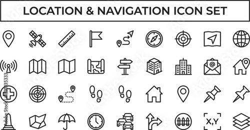 Location and Navigation Line Icon Set – Map, GPS and Direction Symbols