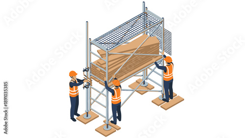 Three construction workers in orange helmets and safety vests assembling metal scaffolding with wooden planks on a white background