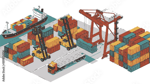 Busy container shipping dock with cranes trucks and cargo ship in operation colorful containers stacked