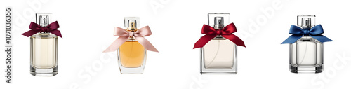 Elegant collection of perfume bottles with colorful bows on a transparent background