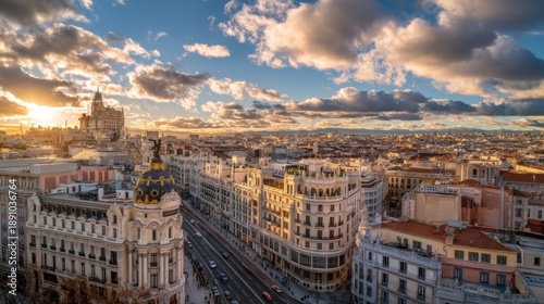Sunset cityscape view from above, showing city street with vehicles and buildings. European architecture skyline, urban travel, or city life concept.