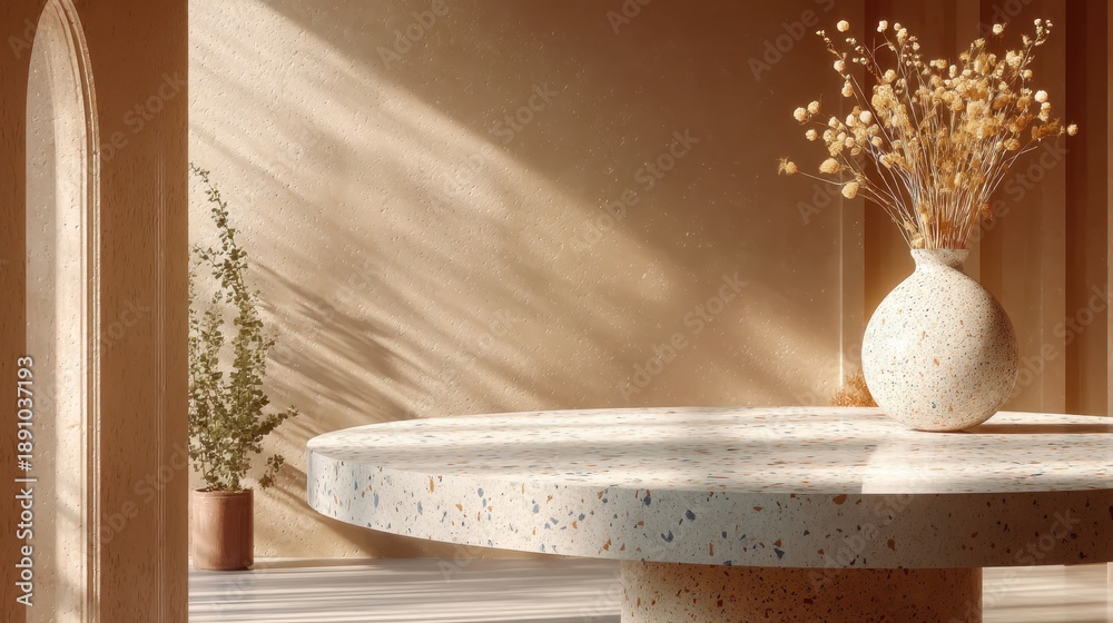 Obraz premium Round stone surface with terrazzo texture lit by natural sunlight. Indoor product display podium or table for showcasing items.