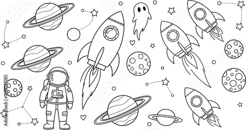 Hand Drawn Space Doodle Vector Illustration with Rockets, Astronaut, Planets, Stars, and Cute Cosmic Elements in Black and White Style