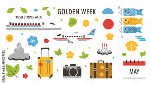 Golden week travel icons set with suitcases camera and transportation elements in vibrant spring colors