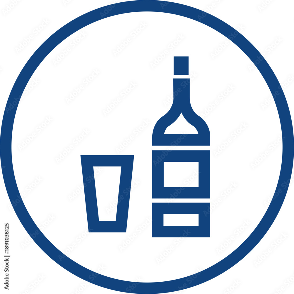 Obraz premium vodka drink bottle line icon vector. Alcohol bottle and glass with ice cubes vector illustration. Whiskey, rum or vodka on the rocks. Monochrome drink icon for bar menu, party poster.