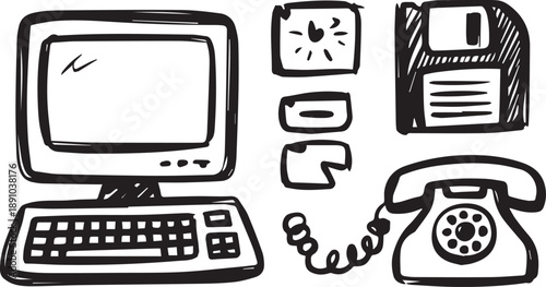 Adobe Illustrator Artwork A set of hand-drawn doodle icons for a website. Rough charcoal lines, organic shapes, including a computer, a floppy disk, and a telephone. Sketchbook style, black ink on tex