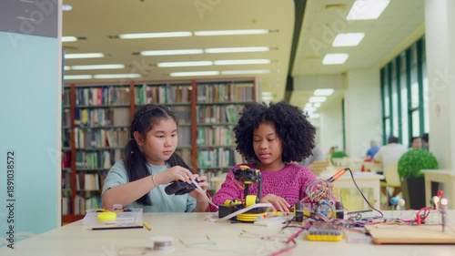 African American and Asian young girls study on robotic project in library. 