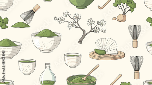 Elegant seamless pattern of traditional matcha tea sets, bowls, whisks, and blooming cherry blossom branches on a light background.