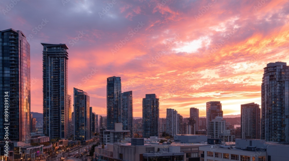 Obraz premium Urban city skyline with modern high-rise buildings at sunset. Scenic view of downtown area at dusk for travel brochure. Metropolitan landscape.