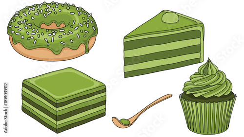 Selection of matcha green tea desserts including a glazed donut, layered cake slice, cupcake, and a square pastry with a spoon.