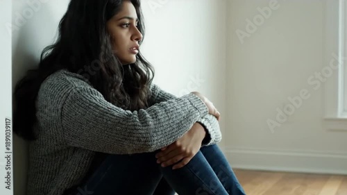 Depressed Young Indian Woman Sitting on Floor Against White Wall Looking Sad and Hopeless in Empty Room - Mental Health Concept