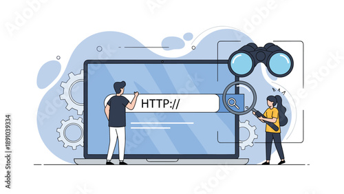 Two people using magnifying glasses and binoculars to investigate a giant laptop screen with a http search bar.