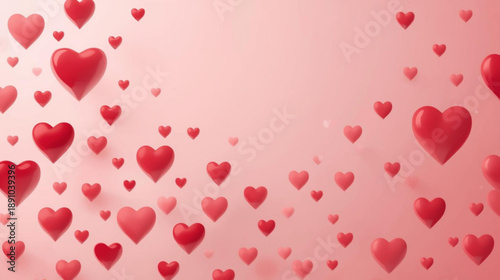 Romantic abstract design featuring floating 3D hearts in vibrant red and pink hues, artfully arranged on a soft gradient background, symbolizing love and celebration