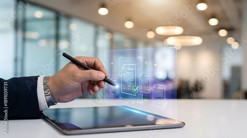 Businessman s hand using a digital pen to interact with a holographic projection of digital documents displaying approval checkmarks on a tablet in a modern office environment.