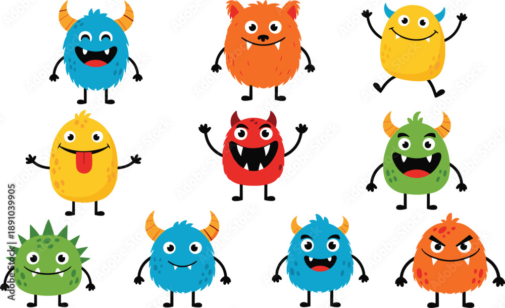 Obraz premium Cute funny monster characters vector set with colorful cartoon creatures, playful expressions, and fantasy design for kids and games in flat style