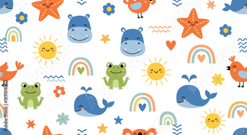 Cute playful animal pattern vector with whales, hippos, frogs, birds, suns, rainbows, and stars in colorful cartoon flat illustration style