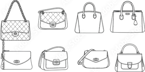 Fashionable Handbag Collection, Line Art Style on a Clean White Background