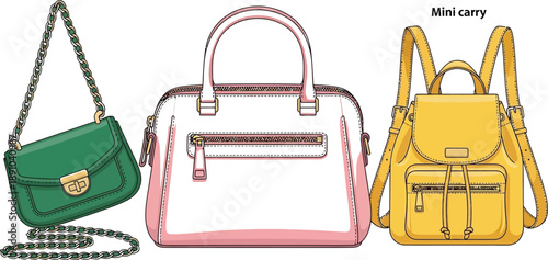 Fashionable Handbags, Shoulder Bag, and Backpack on a Clean White Backdrop