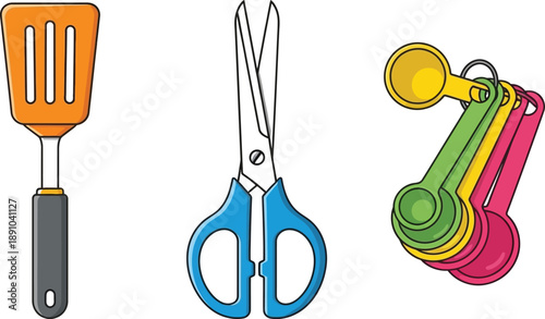 Kitchen Utensils Spatula, Scissors, and Measuring Spoons on White