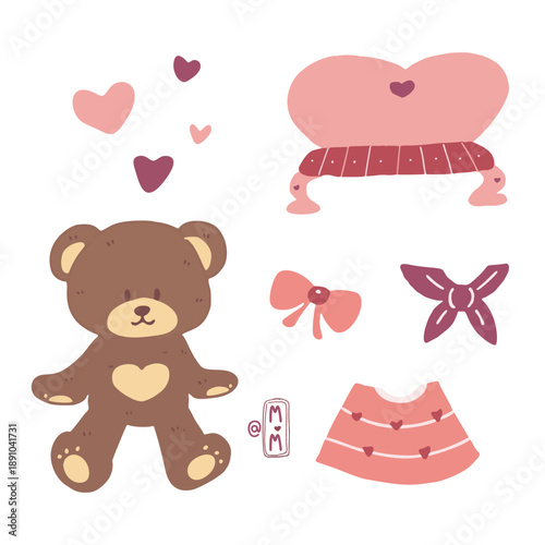 Teddy Bear Clothes and Furniture Vector Elements Set