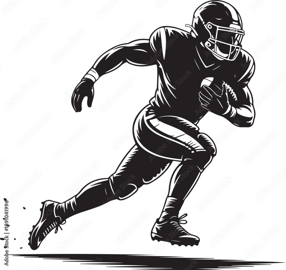 Naklejka premium Vector silhouette illustration of an American football player running powerfully with the ball, isolated black figure in dynamic action pose wearing helmet and uniform