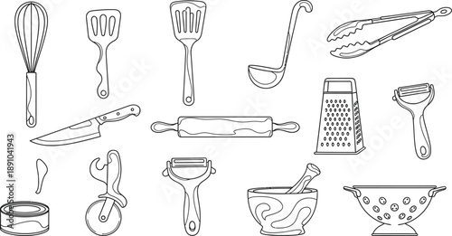 Kitchen Utensils Outline Seamless Pattern on White Background, Cooking Tools