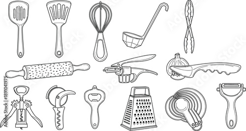 Kitchen Utensils Collection on White, Cooking Tools Line Art Illustration