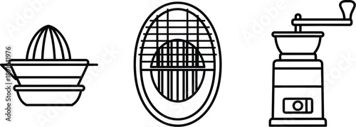 Kitchenware line art icons of juicer, mandoline slicer, and coffee grinder