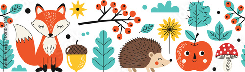 Cute woodland animals and autumn elements vector illustration with fox, hedgehog, apple, acorn, leaves, berries, and mushrooms in flat style