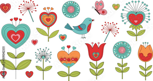 Decorative folk art flowers vector set with hearts, bird, and ornamental floral elements in colorful whimsical flat illustration style