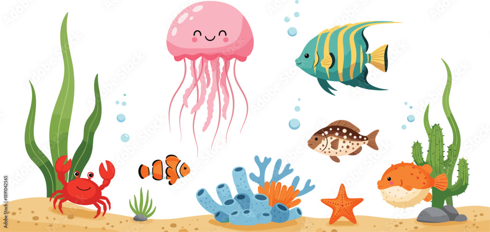 Obraz premium Cute underwater sea animals vector illustration with jellyfish, fish, crab, starfish, coral, and plants in colorful cartoon flat style