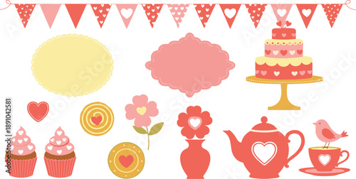 Cute romantic tea party vector set with heart decorations, cake, cupcakes, teapot, flowers, labels, and bunting flags in pastel flat style